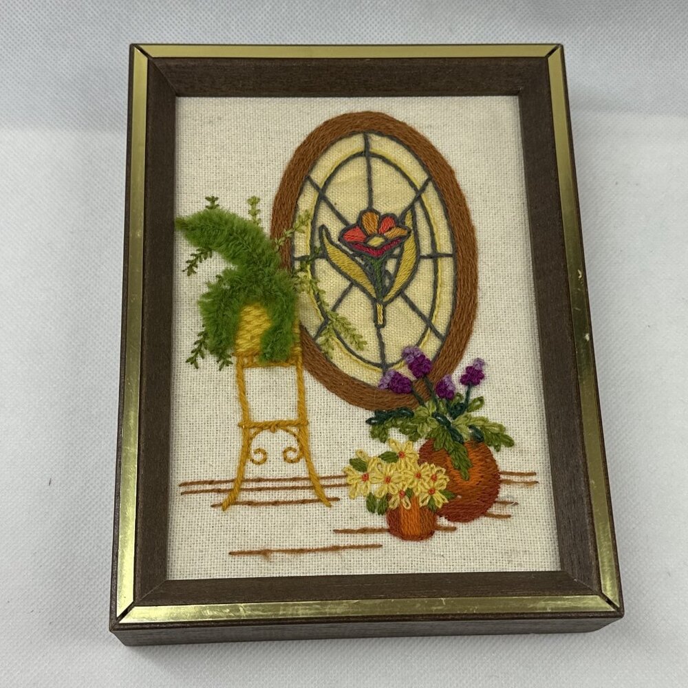 Vintage Framed Sunset Crewel Needlepoint Wall Decor.  Set of 2. - Picture 6 of 8
